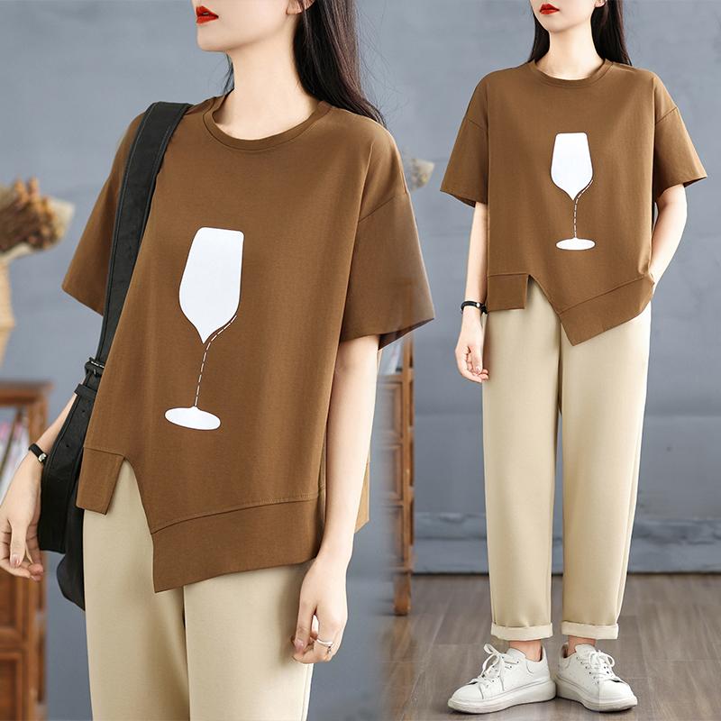 Dimanaf 2025 Лето Плюс Размер Футболка Женская Асимметричный Принт Короткий Рукав Свободные Топы Футболки Повседневные