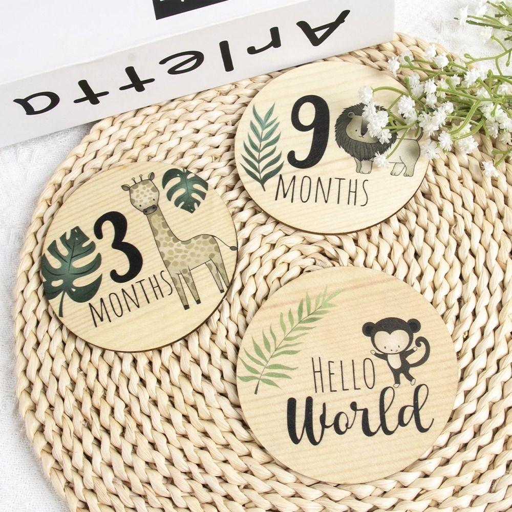 7pcs Cute Wooden Milestone Cards Jungle Animals Theme Announcement Sign  Baby
