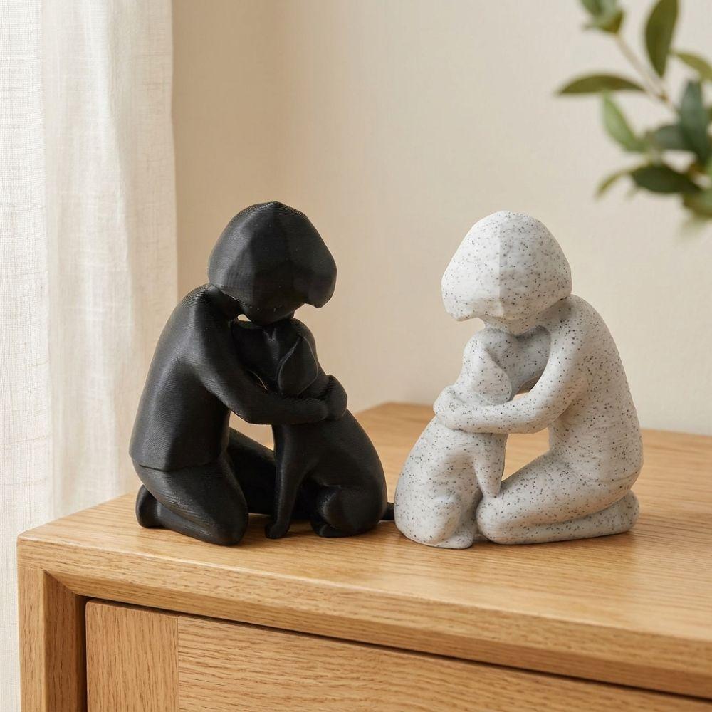 3D Printed Human Hug Dog Friendship Sculpture Minimal Boy Dog Figurine Pet Memorial