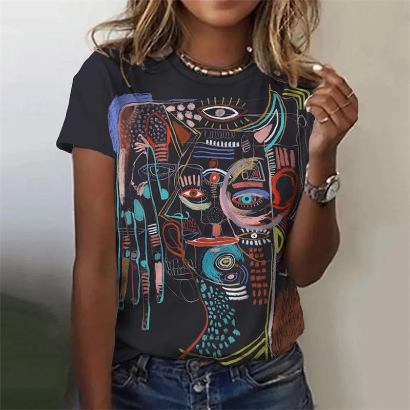 Абстрактная женская футболка с принтом лица в виде 3D-абстракции, повседневная свободная футболка Harajuku с круглым вырезом и коротким рукавом для женщин