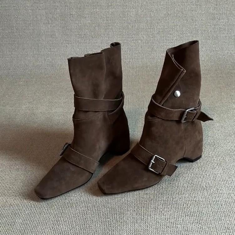 Версия из коровьей кожи~ ретро нишевый темперамент квадратный носок внутренняя высота увеличение ремень с пряжкой ковбойские сапоги вестерн женские складки два способа носки короткие сапоги