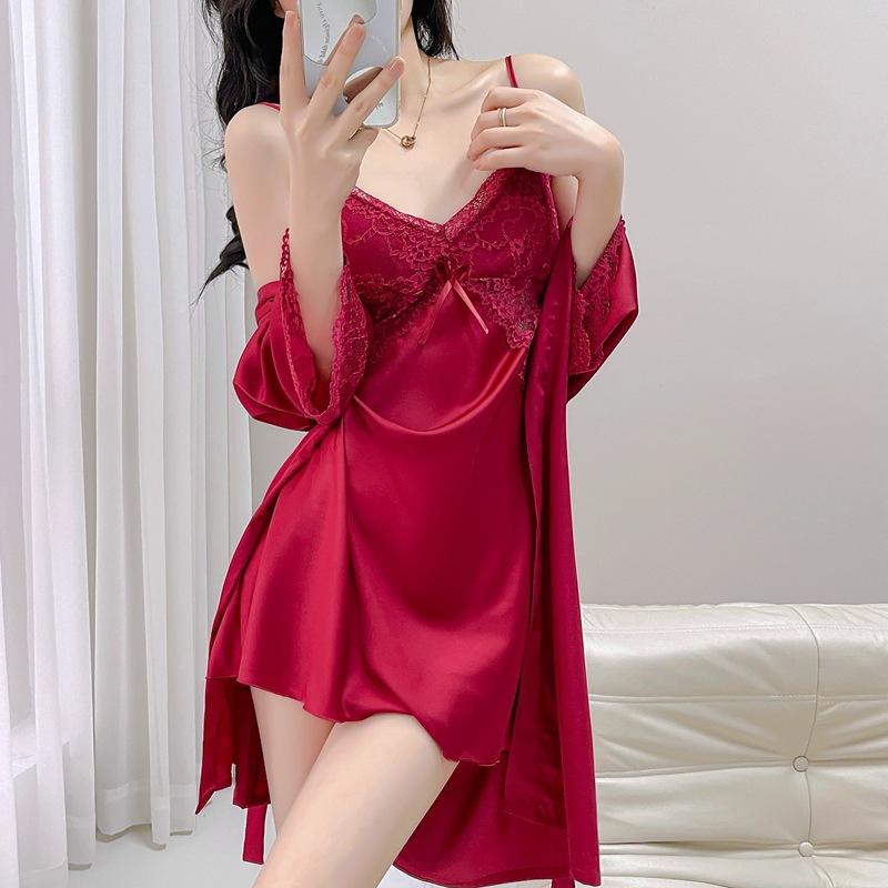 Sexy Female Nighty Robe Set Intimate Lingerie Spring Summer Kimono Bathrobe Gown Sleepwear Two Piece Set Loose Satin Home Dress