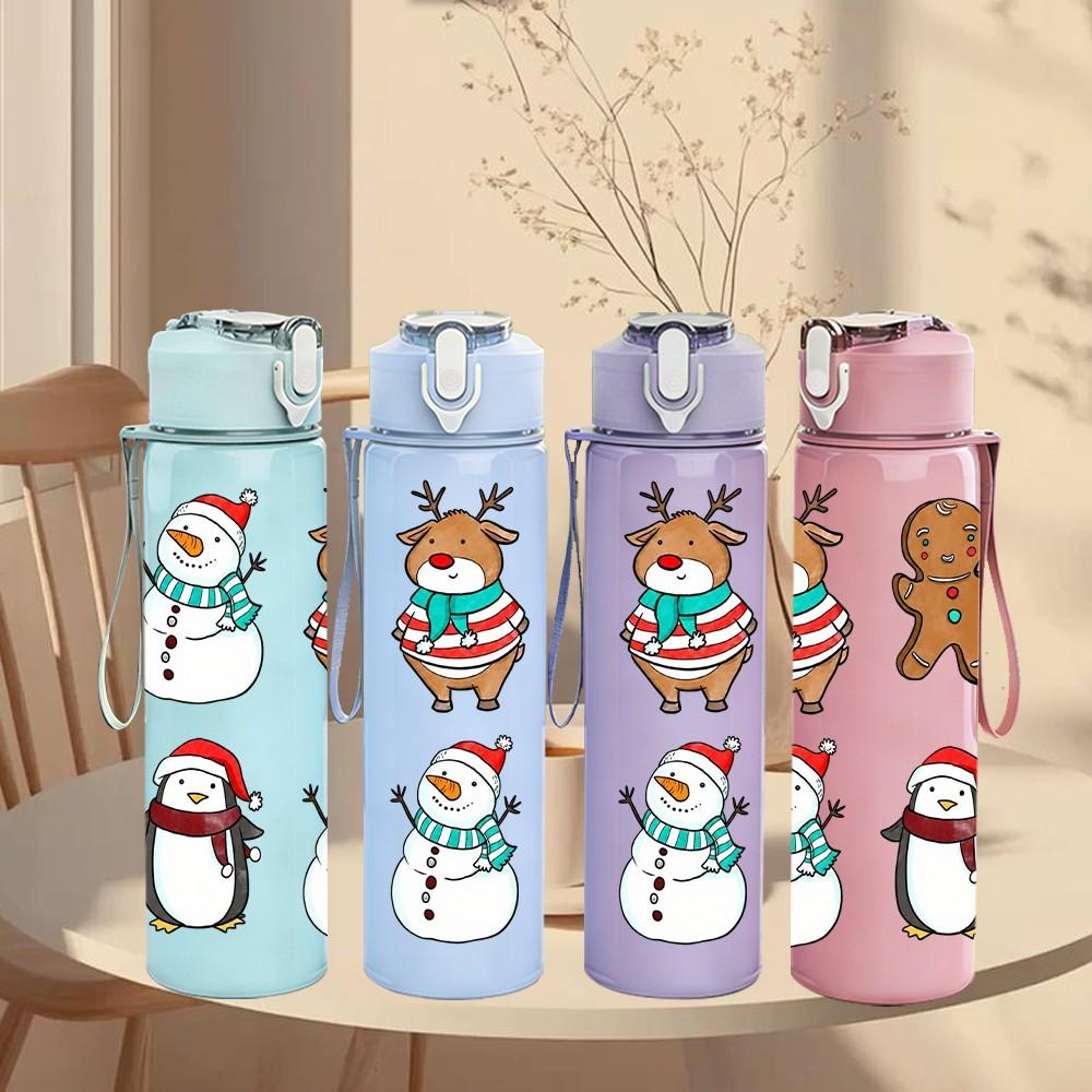 1PC Gingerbread Man Xmas Print 750ml Color Plastic Sports Water Bottle Leakproof Flip Straw Lid Suitable for Sports Office Home Use