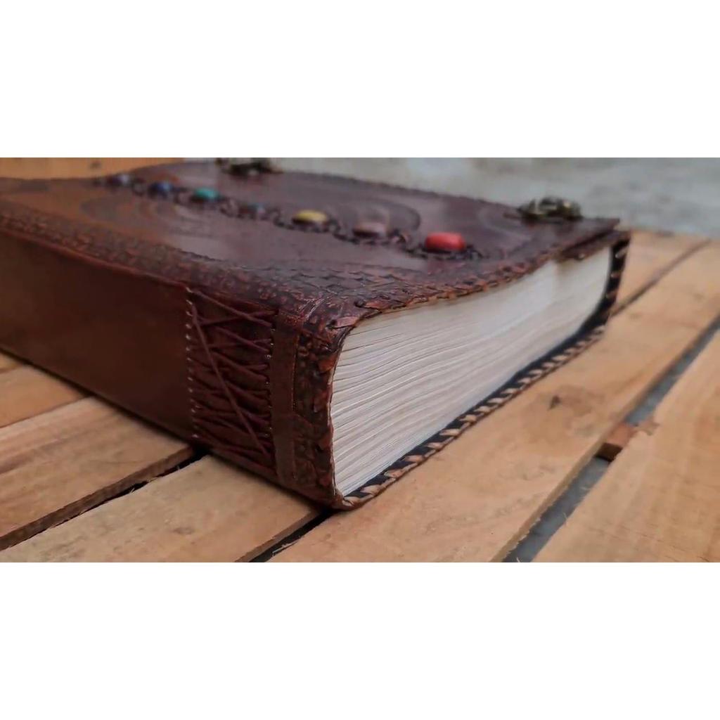 Fat Leather Journal 600 Pages, Large Seven Stone Leather Notebook Blank Handmade Book, Sketchbook Christmas Gift Dream Journal, Grimoire