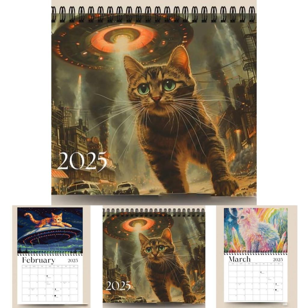 Adorable 2025 Cosmic Cat Wall Calendar With 12 Months Spiral Binding For Home Dcor