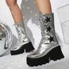 Зимние ботинки на платформе Женские панк серебристые черные ботинки до середины икры Декор звездами Обувь на танкетке