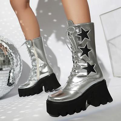 Зимние ботинки на платформе Женские панк серебристые черные ботинки до середины икры Декор звездами Обувь на танкетке