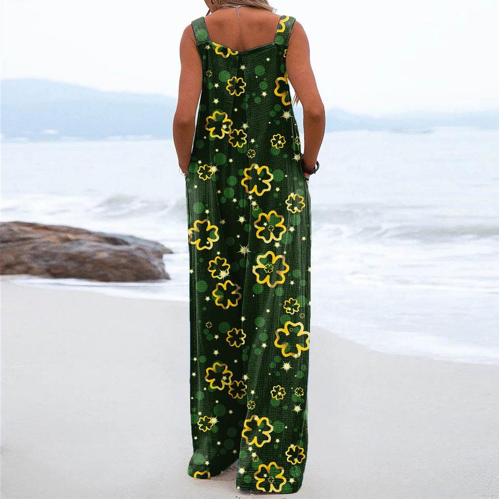 Широкие комбинезоны для женщин, повседневные свободные комбинезоны без рукавов St. Длинный комбинезон с карманами и принтом на пуговицах ко Дню Святого Патрика