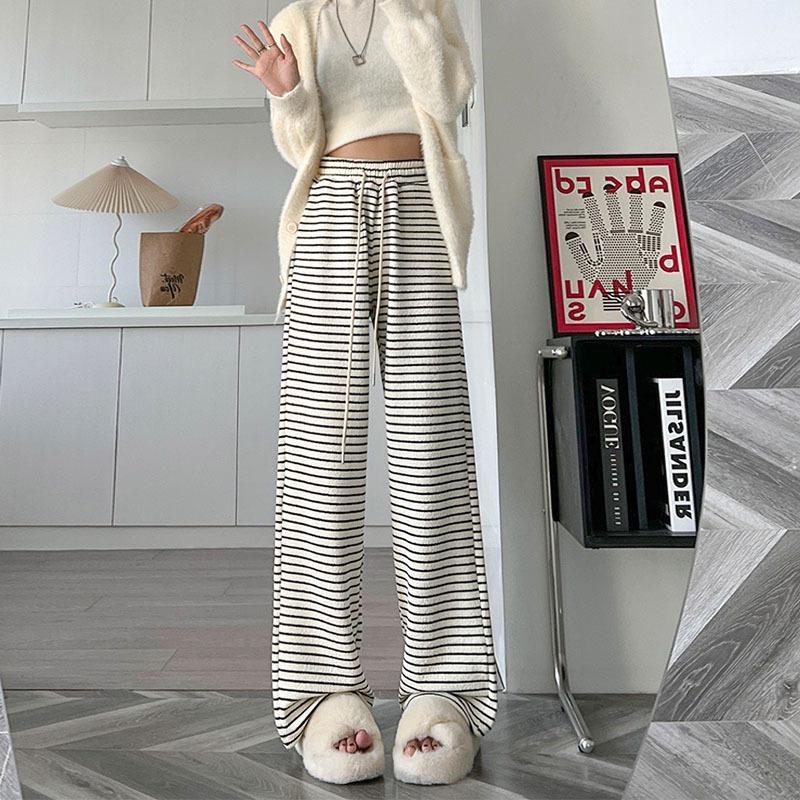 Black and White Towel Pants Straight Wide-leg Women's Pants Spring New High Waist Loose Drape Soft Waxy Drawstring Sports and Leisure
