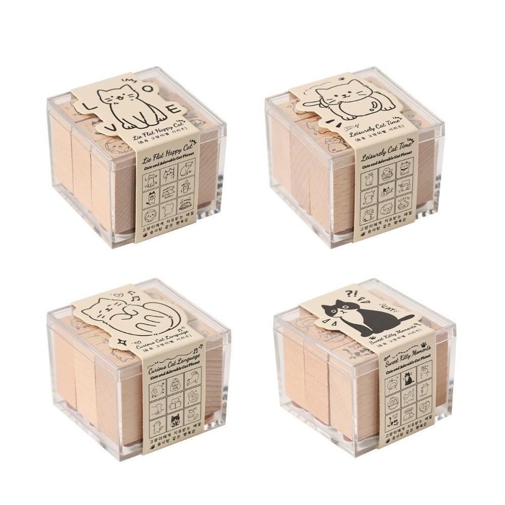 9pcs Cat‘s Daily Life Rubber Stamp Acrylic Box Students Stamps Wood Stamps Set Scrapbooking Decor