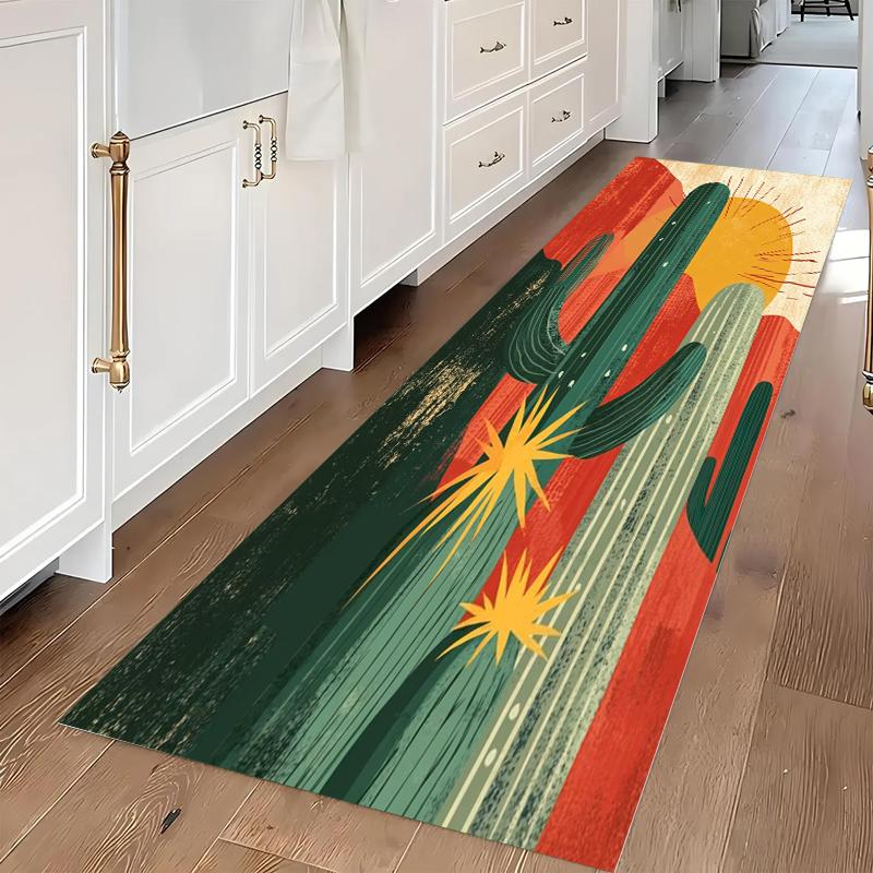 Vintage Desert Sunset Cactus Long Runner Rug Exquisite Geometric Border Soft Washable Non-slip Mat for Hallway Corridor