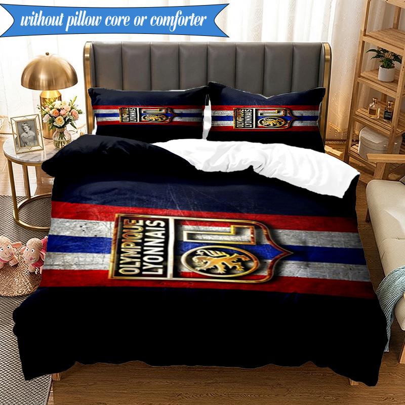 3PCS Lyon Football Crest Printed Soft Bedding Set,Including 1pc Duvet Cover And 2pcs Pillowcases Perfect for Bedroom, Dormitory, Fan gift