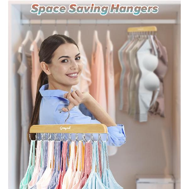 Bra Hanger for Closet, Tank Top Hangers 2 Pack w/20 Hooks Holds 40 Bras, Capacity Foldable Wood Space Saving Hanger, 360°Rotating Closet Organizers