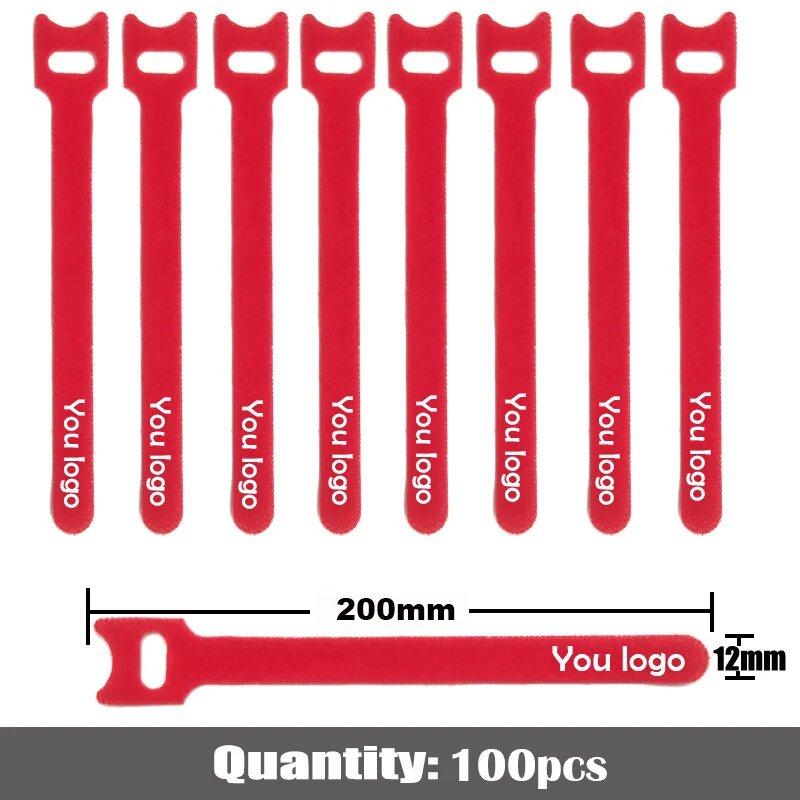 100pcs 200mm Customized LOGO nylon Reverse buckle hook loop fastener cable ties strap sticky Line finishing print your logo