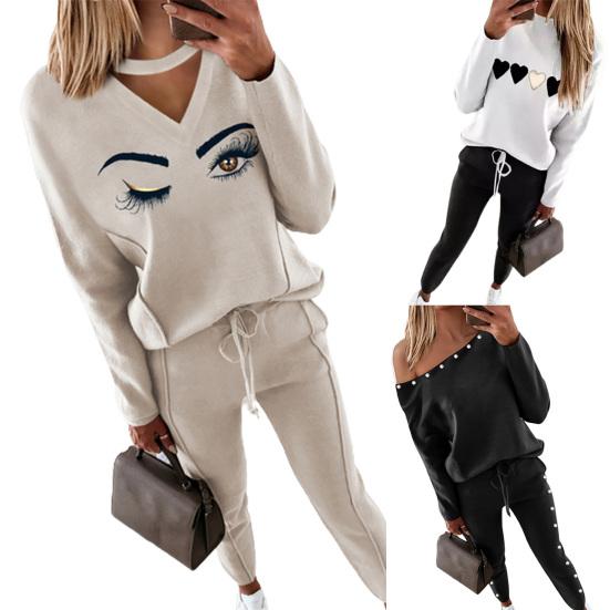 Женский наряд с принтом глаз, повязка на щиколотке, комплект из двух предметов, толстовка с принтом сердца и бусинами, брюки с эластичной резинкой на талии, уличная одежда
