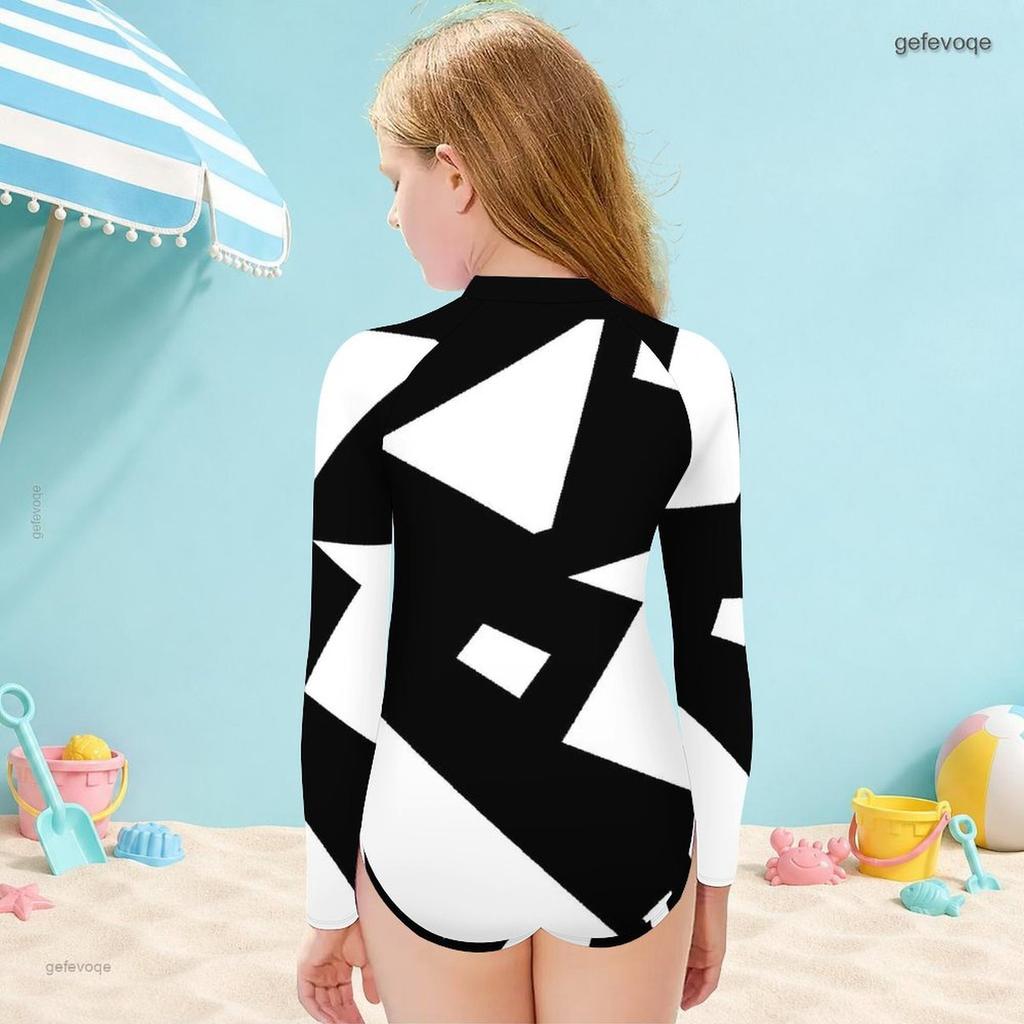 Girls Black White Printed High Neck Long Sleeve Front Zip One Piece Swimsuit