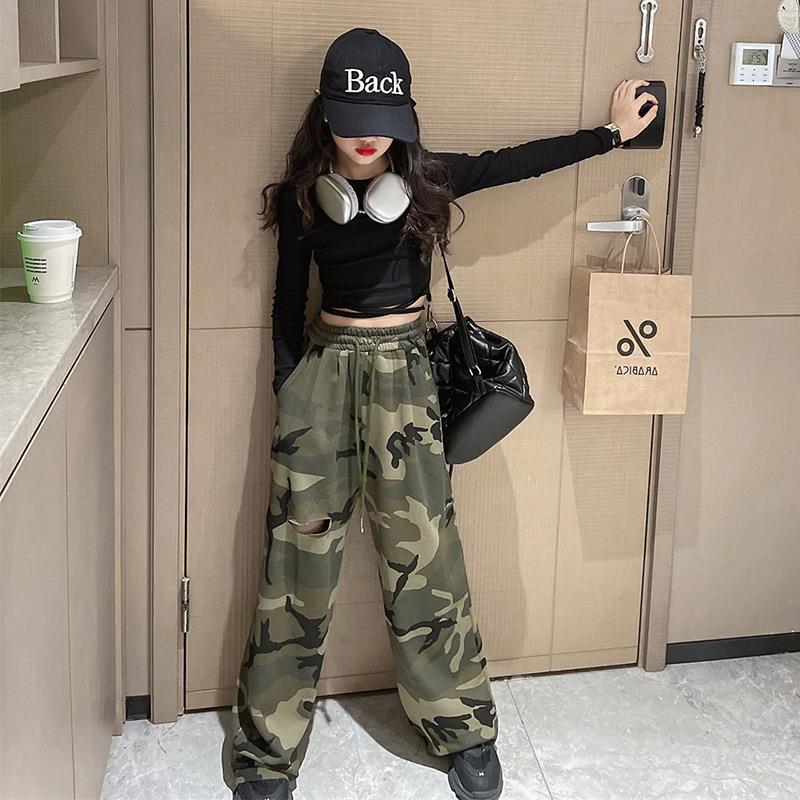 Hip Hop Girls K-pop Crop Top Street Dance Camouflage Joggers Pants+top Set