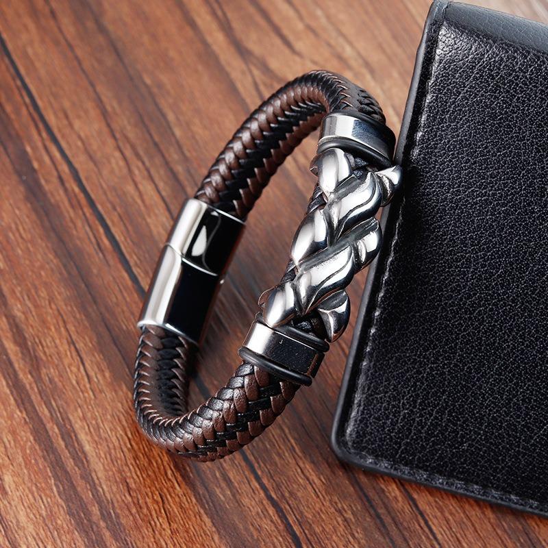 Мужской кожаный браслет из веревки ручной работы, 21 см, черный винтажный браслет-цепочка в стиле хип-хоп, мужские украшения из нержавеющей стали