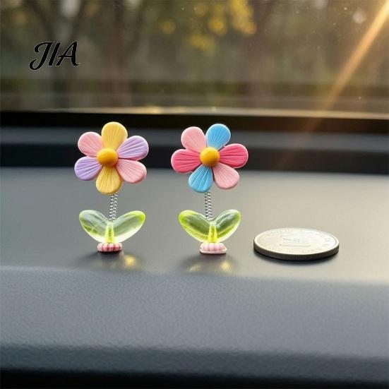 Flower Dashboard Bobblehead 5Pcs Colorful Shaking Car Decor, Resin Rainbow Sunflower Ornament Spring Ornaments with Non Slip Pad, Cute Wobble Head for