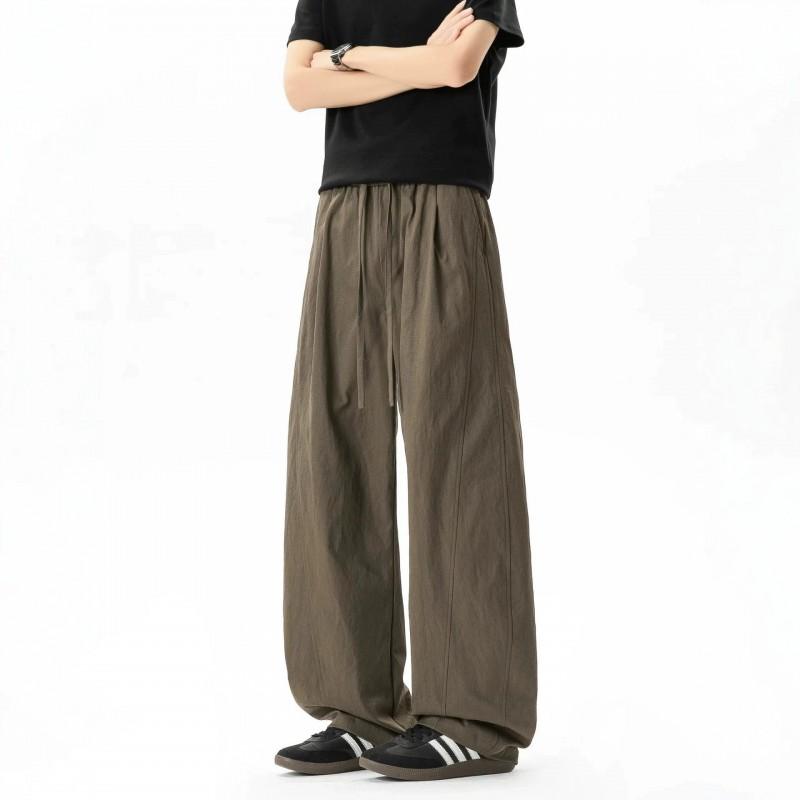 Mens Casual Pants Solid Color Splicing Straight Leg Trousers Retro Pleated High Street Drawstring Loose Fit