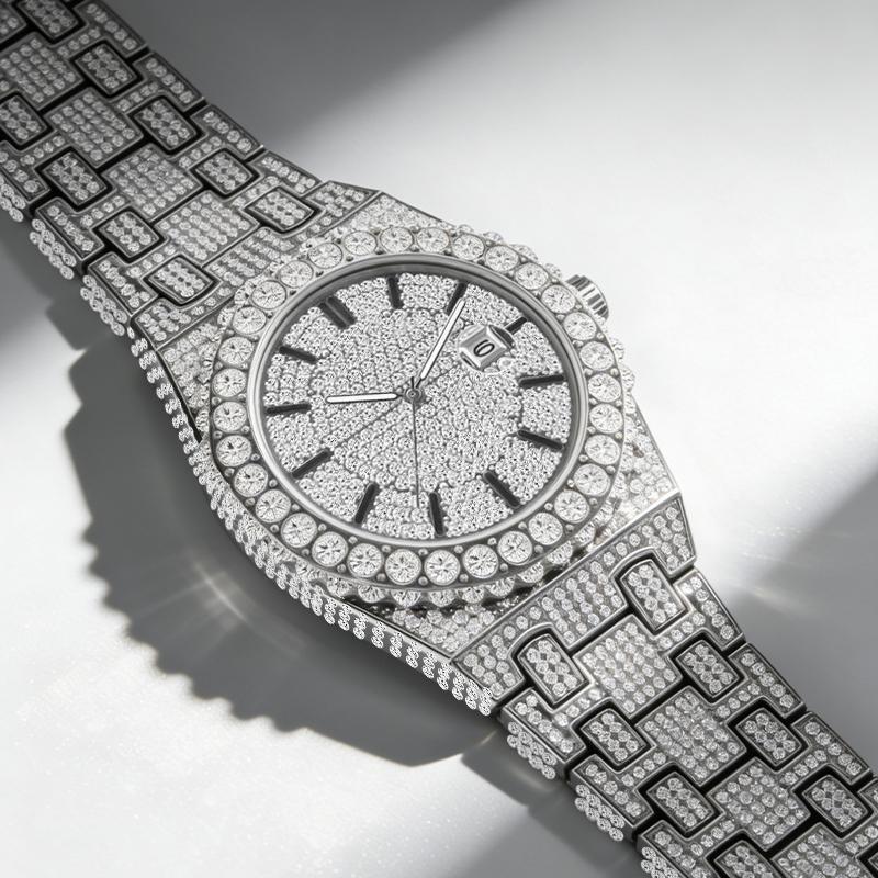 Мужские кварцевые часы Iced Out - Полностью инкрустированные кристаллами, водонепроницаемые для повседневного ношения, хип-хоп наручные часы