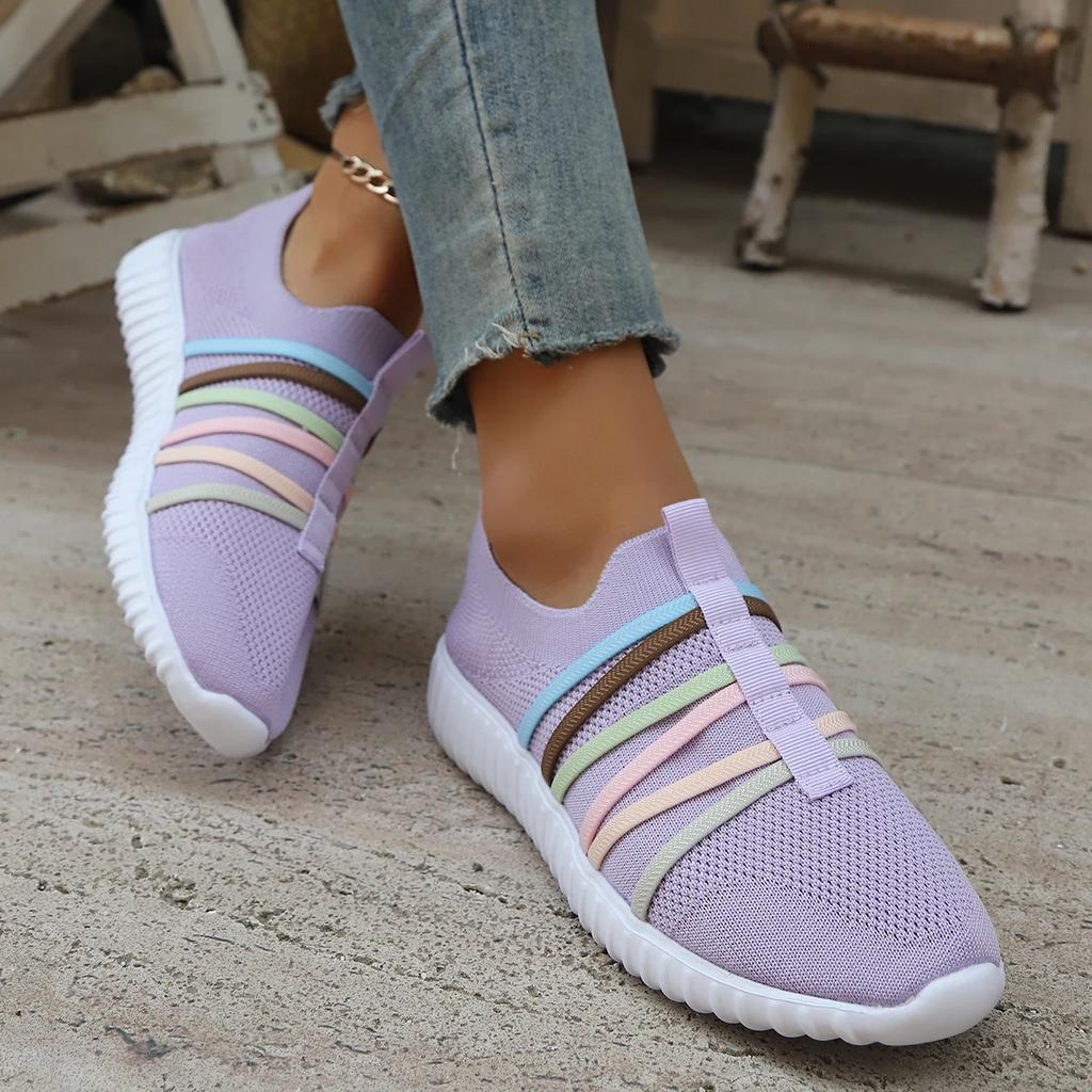 Fashion Colorful Strap Breathable Knitted Flats Women 2025 Summer Hollow Out Soft Bottom Mesh Slip On Casual Shoes Woman Plus Size