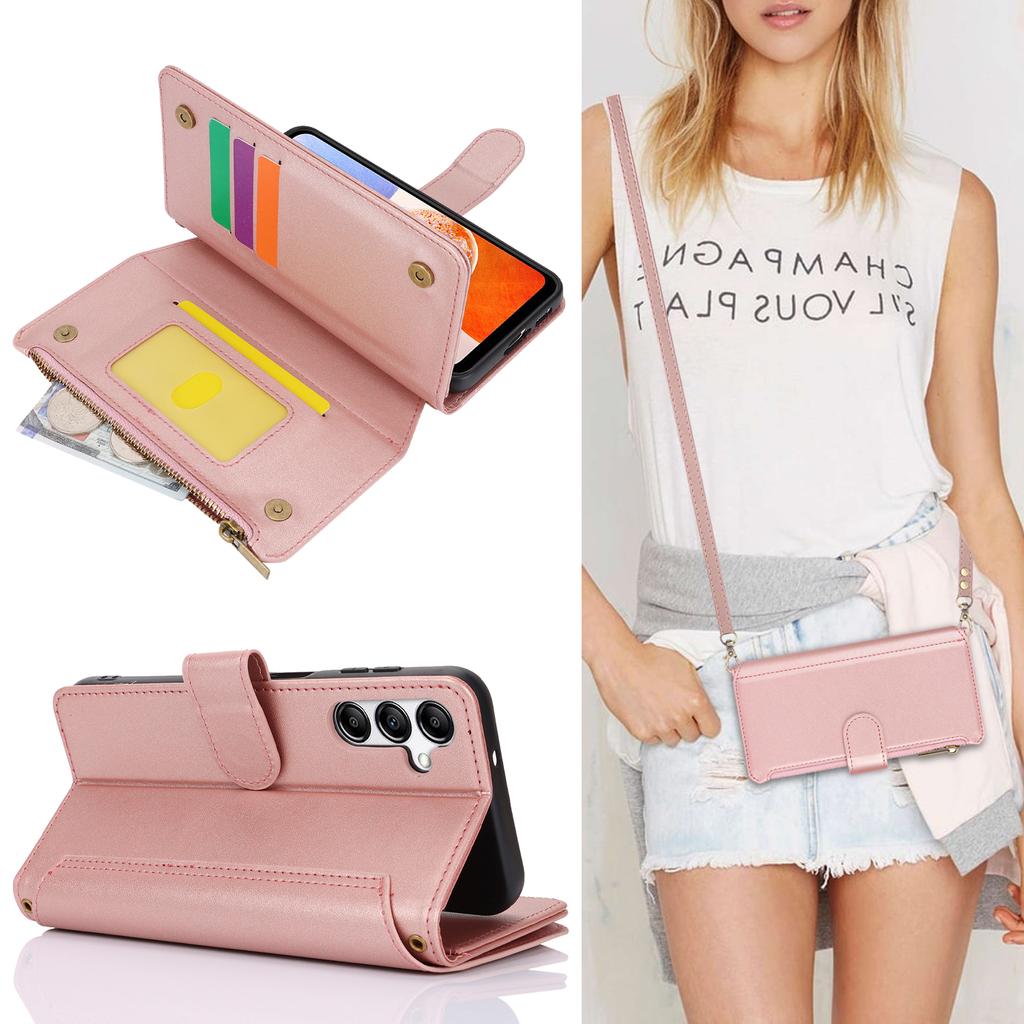 Multi Card Zippered Wallet with Short Hand Rope and Long Hanging Rope Phone Cover Case for iPhone Series/Samsung Series