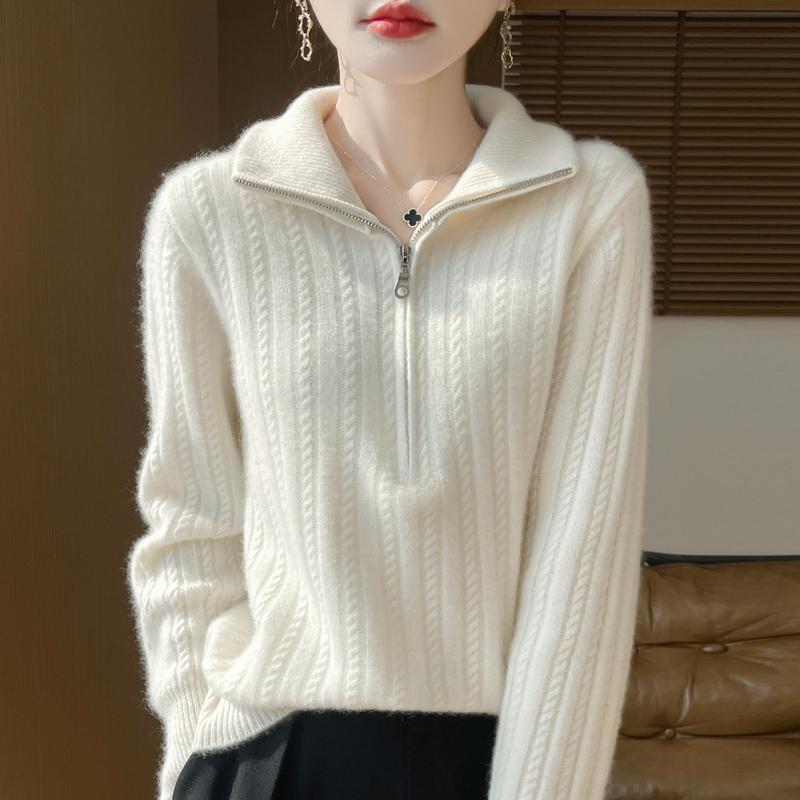 Women Sweater 100% Wool TIDENOVEL Turn-down Collar Knit Pullover Thick Winter Jumpers Female Knit Tops Zipper