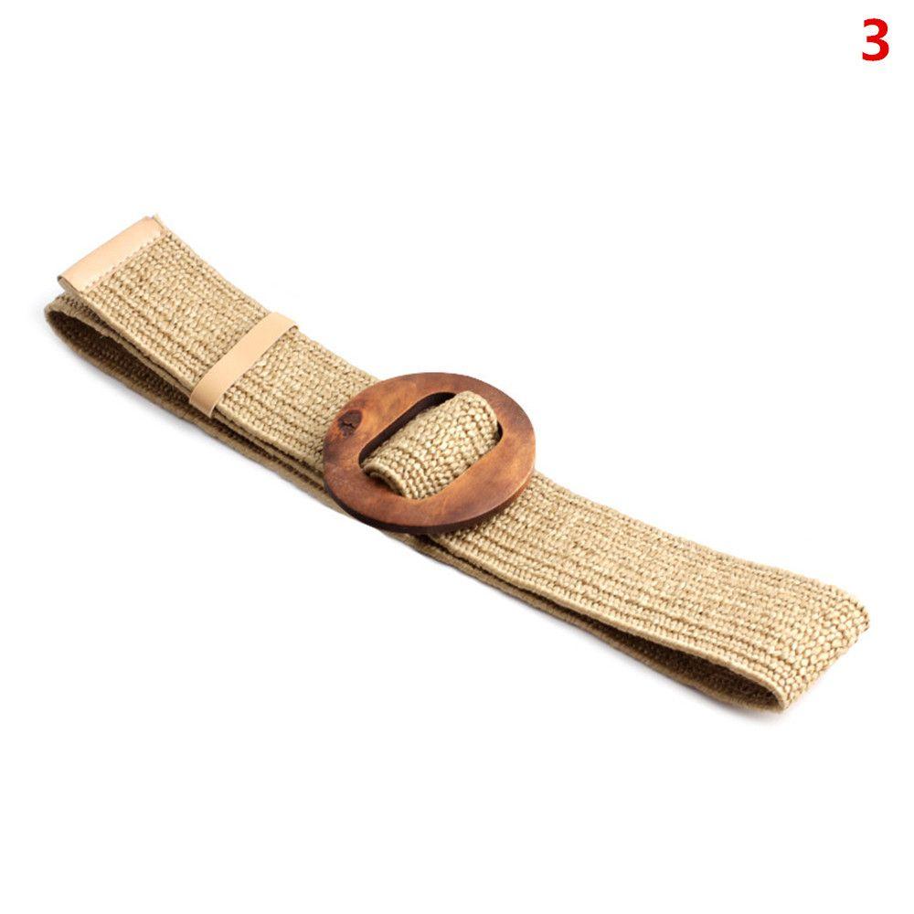 Summer Bohemian Braided Elastic Straw Belt Wooden Buckle Waistbelt