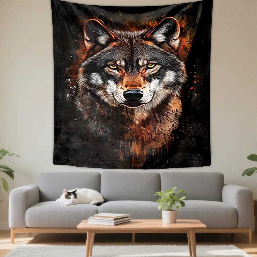 Art Tapestry Wolf Face Orange Dark Paint Splash Wildlife Room Decor