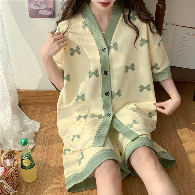 Плюс размер пижамы женский летний кардиган с короткими рукавами комплект домашней одежды