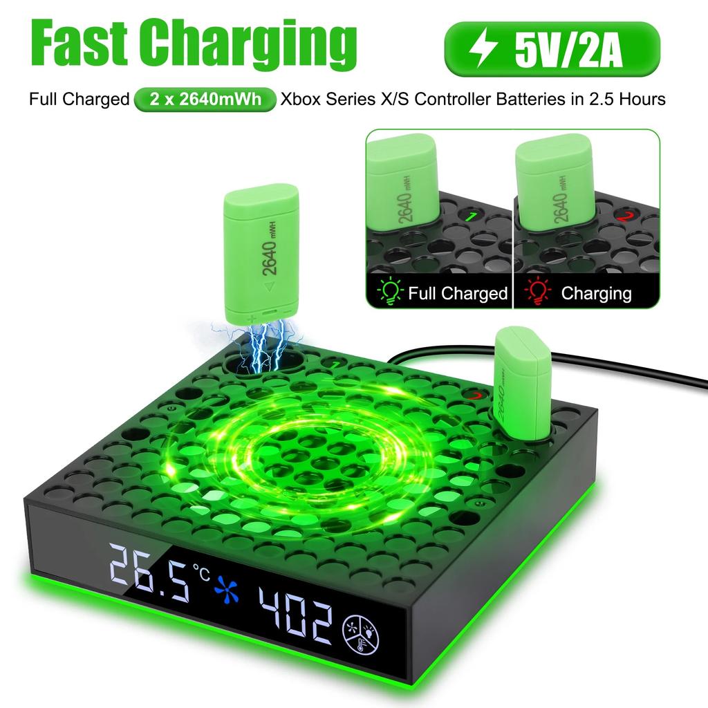 Охлаждающий вентилятор для Xbox Series X/S, зарядная станция с 2 аккумуляторными батареями емкостью 2640 мАч, 3 скорости вращения вентилятора, дисплей температуры, RGB-подсветка