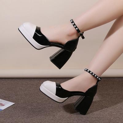 Европейские и американские туфли Mary Treasure 2024 года, весна, новые туфли Pearl One Line с толстым каблуком в стиле феи, открытые, одинарные туфли