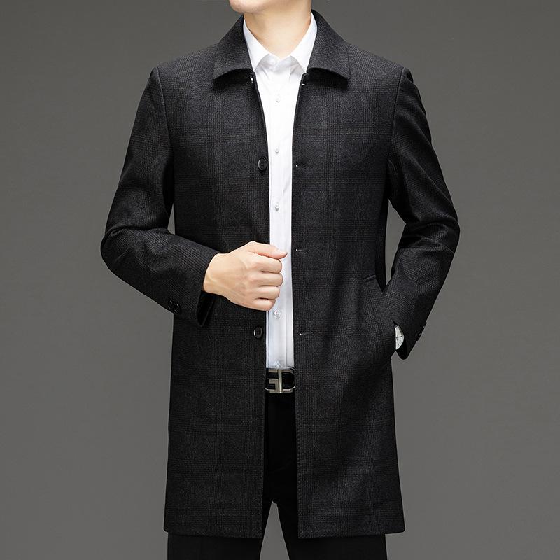 Осенне-зимняя мужская кашемировая ветровка средней длины со свободными лацканами шерстяное пальто для пап среднего возраста в деловом стиле