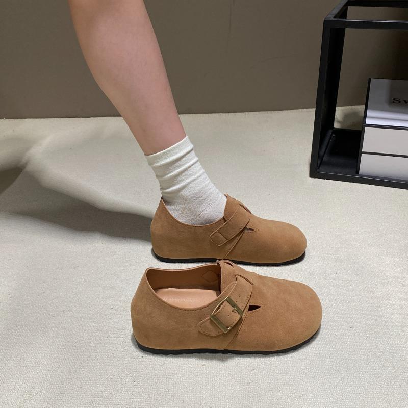 Fashion Spring New Inner Increase Single Shoes Women's Fashion Round Head Suede Metal Buckle Non-slip Wear-resistant Flat Shoes