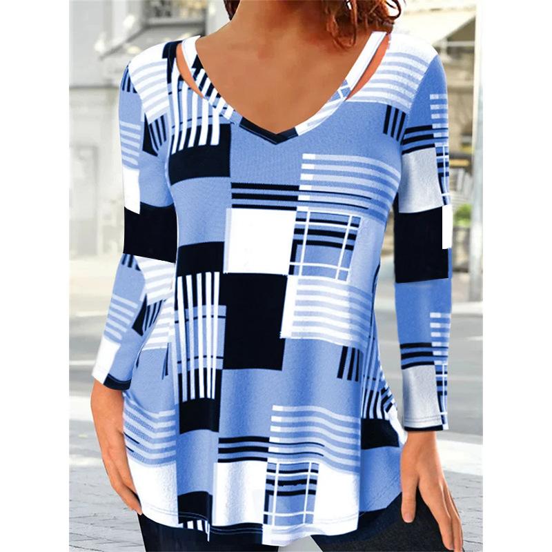 Women's V-neck T-shirt Summer Fashion Checkered Printing Long Sleeved Shirt Street Oversized T-shirt Harajuku Loose Tee 5xl Female Clothing