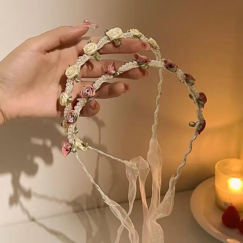 Детский бант для волос из жемчужного атласа с цветком, свадебный бант для девочки-цветочницы, цветочная лента для волос, милые модные аксессуары для волос