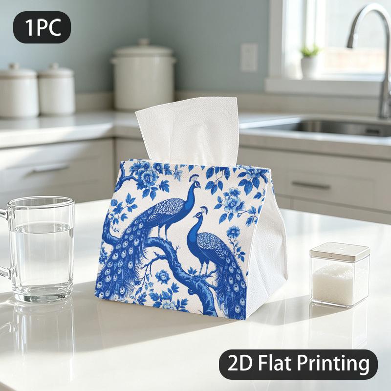 1pc Tissue Box, Chinoiserie Peacocks Tree Flowers Elegant Pattern, 2D Flat Printing, Polyester Fabric, Can Be Folded, Tissue Bag, for Around The Home,