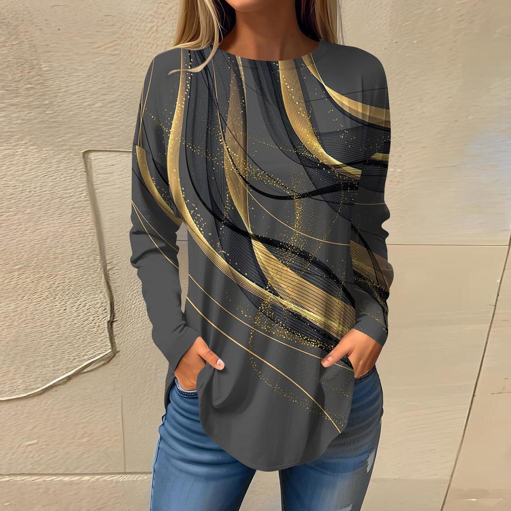 Женская свободная футболка с длинным рукавом с круглым вырезом и принтом, верхний пуловер