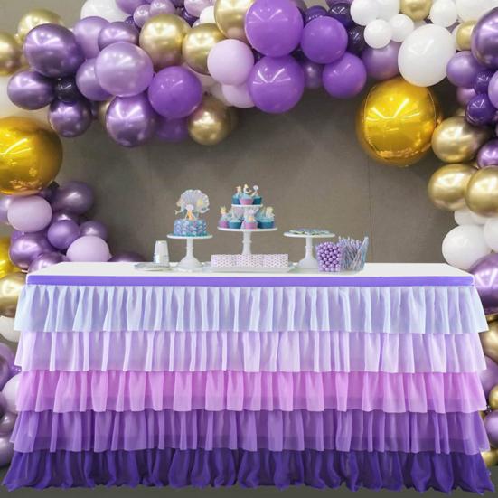 Table Skirt for Rectangle And Round Table Multi-layer Ruffle Reusable Gradient Rainbow Color Beach Parties Ceremony Birthday Party Decoration