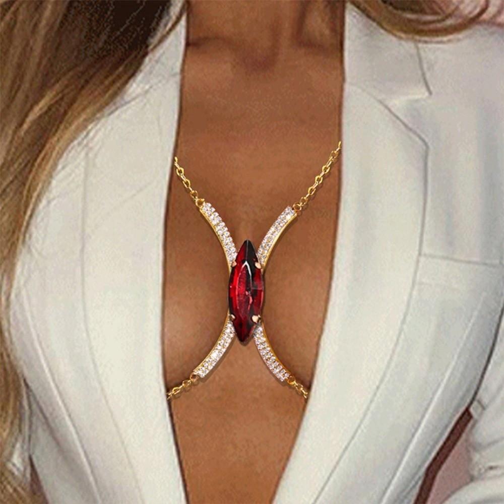 Rhinestone Bra Chest Chain Red Crystal Breast Chain Trendy Chest Support Body Chain Low-cut Dress