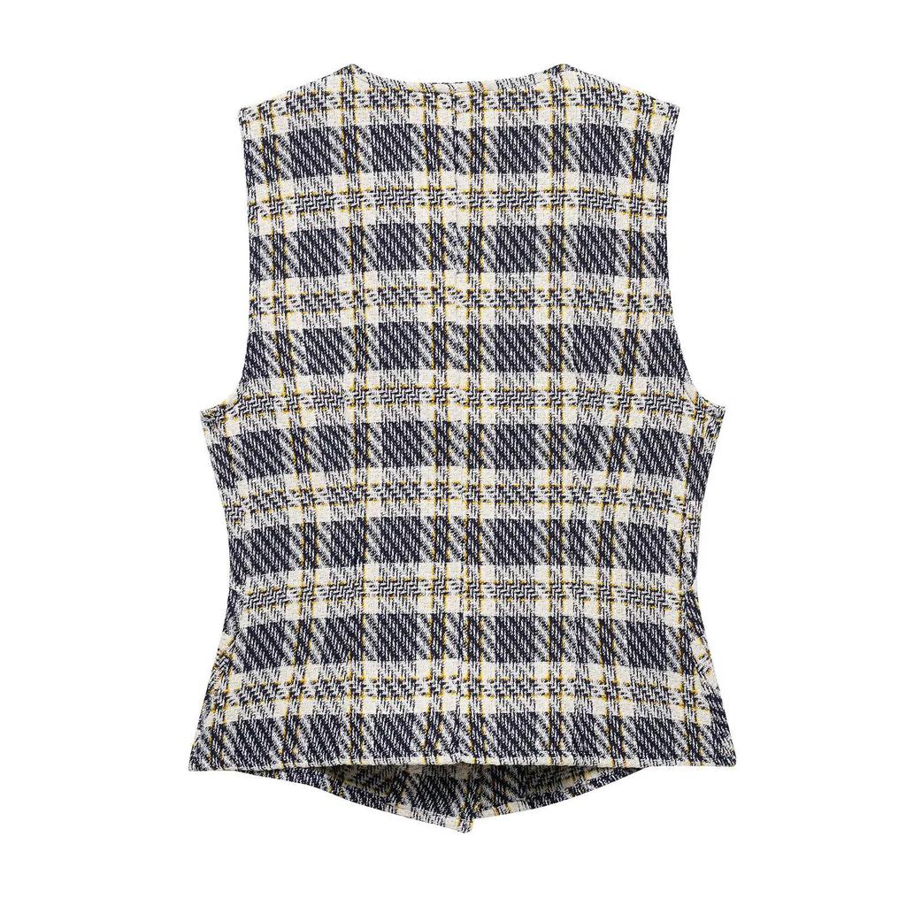 European & American Women's Plaid Single-Breasted Sleeveless Vest + Skirt-Pants Set