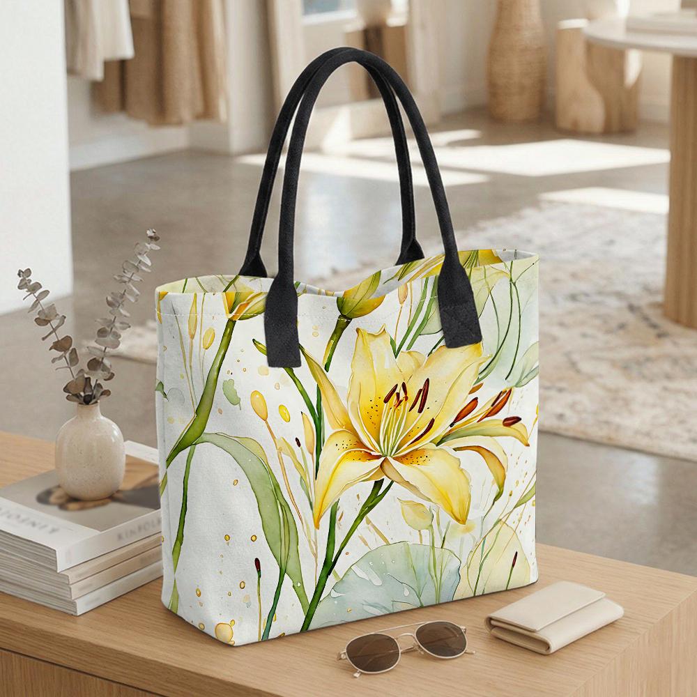 Yellow Lily Print Tote Bag Large Capacity Casual Portable Shoulder Bag for Daily Use Shopping Travel