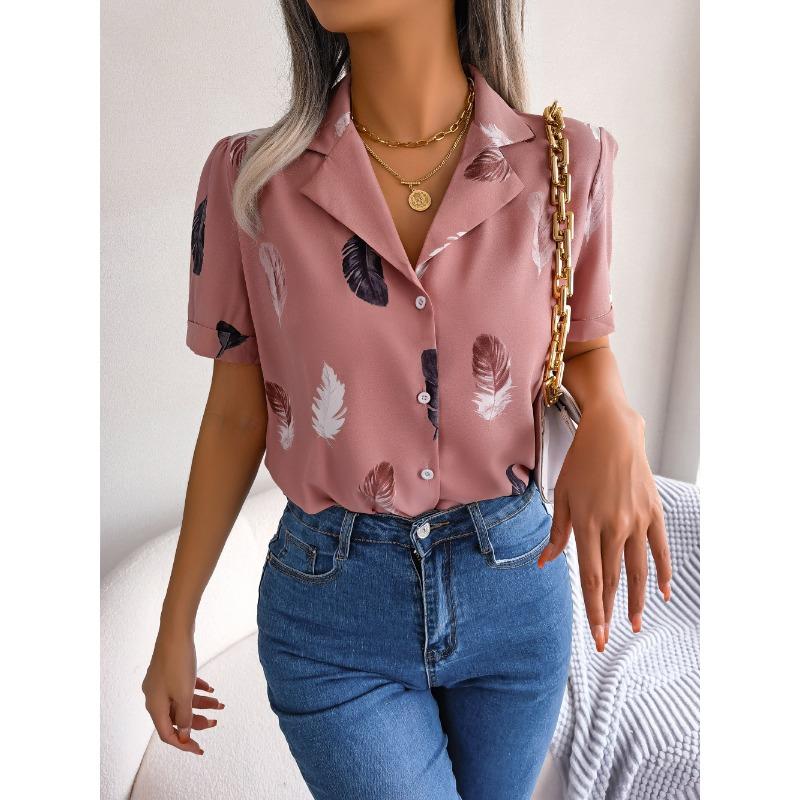 VEZFAA Женская мода повседневная летняя весна перо принт короткий рукав воротник поло блузки и рубашки