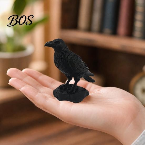 Matte Black Crow Sculpture 3D Printed Statue, Gothic Dark Academia Bird Sculpture, Raven Ornament Figurine, Stable Rock Base for Desk Display Cabinet,