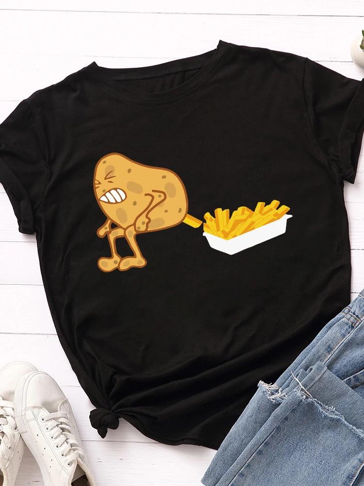 Funny Potato Fries Print WoUnisex T Shirt Short Sleeve O Neck Loose WoUnisex Tshirt Ladies Tee Shirt Tops Clothes Camisetas Mujer