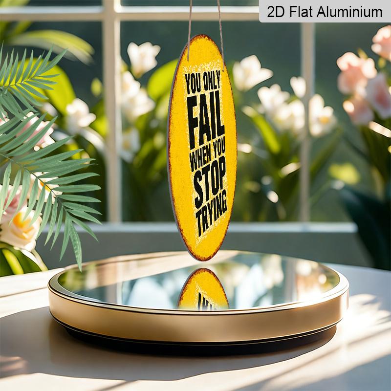 2D Flat, 1pc Round Aluminum Hanging Sign - "You Only Fail When You Stop Trying" Inspirational Quote Metal Wall Art, Vintage Yellow & Black Distressed