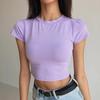 Women's European & American Style Summer Crop Top - Round Neck, Short Sleeve, Solid Color
