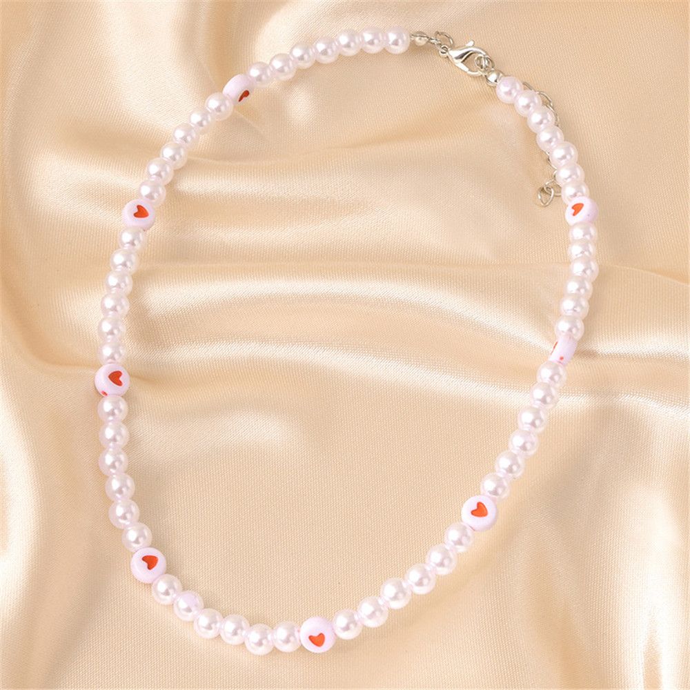 Simple Heart Pattern Women Pearl Beads Necklace Clavicle Chain Couple Gift Choker Jewelry