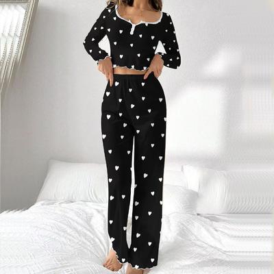 Весна-лето Пижамный комплект для женщин Домашняя одежда Длинные рукава Рубашка Брюки 2 предмета Сексуальная кружевная пижама Одежда для сна Одежда для отдыха
